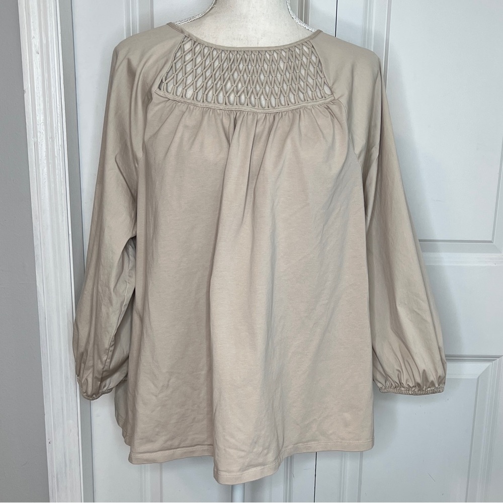 Chico’s Beige Lattice Detail Top Blouse XL Mixed Fabric Cotton Stretch Dressy